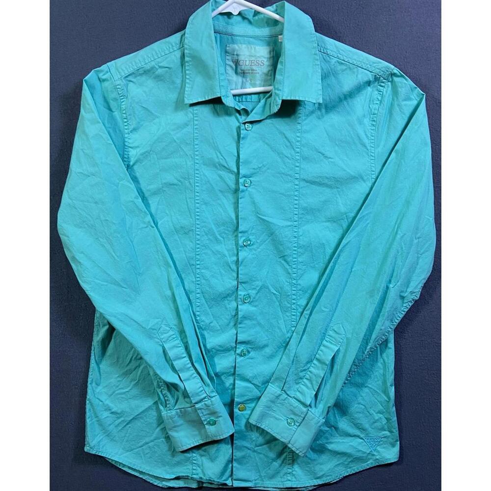 Guess Mint Green Stretch Long Sleeve Button Up Office Men's Shirt Size Large (M)